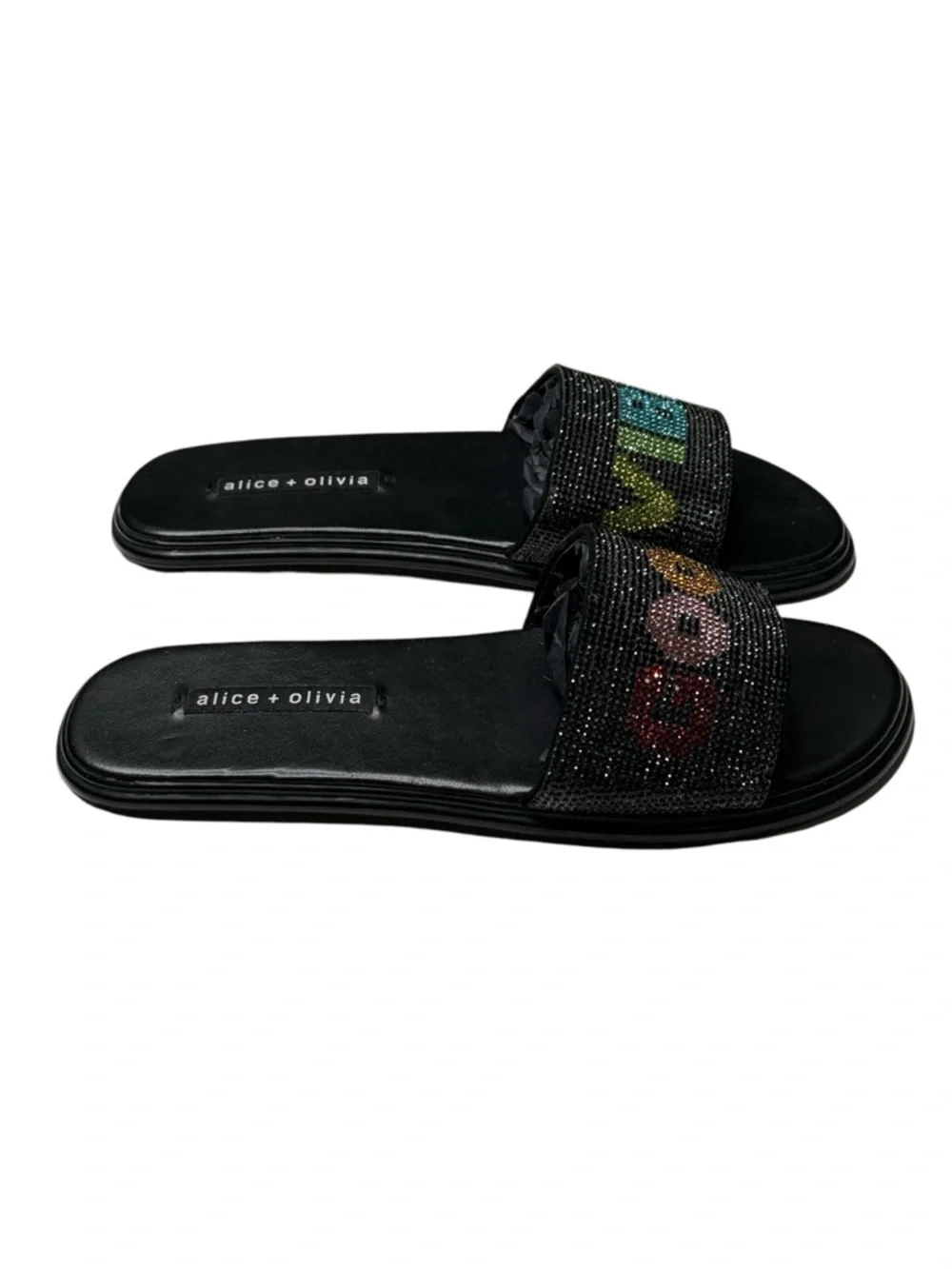 HTF: Alice + Olivia 𖦹 Tatum Good Vibes Slide Crystal Sandals 𖦹 Black 𖦹 7.5M 𖦹 - Picture 2 of 16
